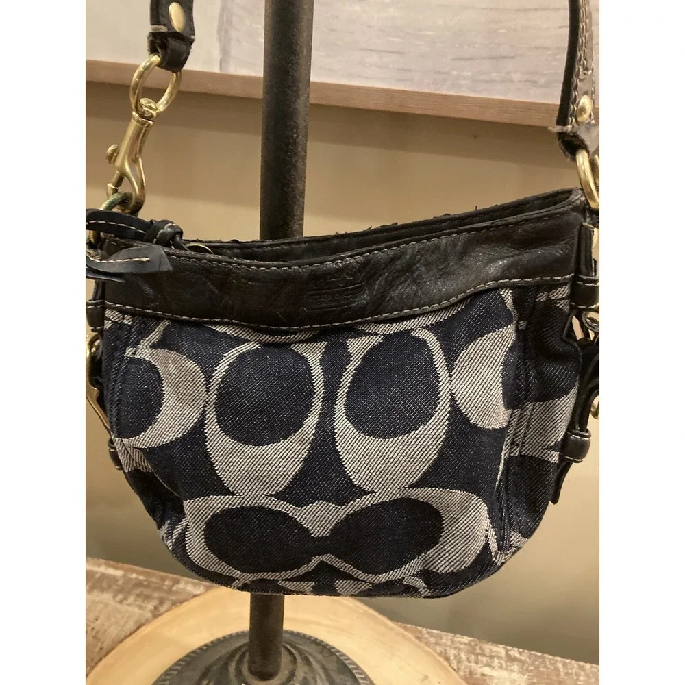 Coach Zoe Mini Blue Denim Signature Jacquard Black‎ Leather Shoulder Bag 41860 - Picture 2 of 11